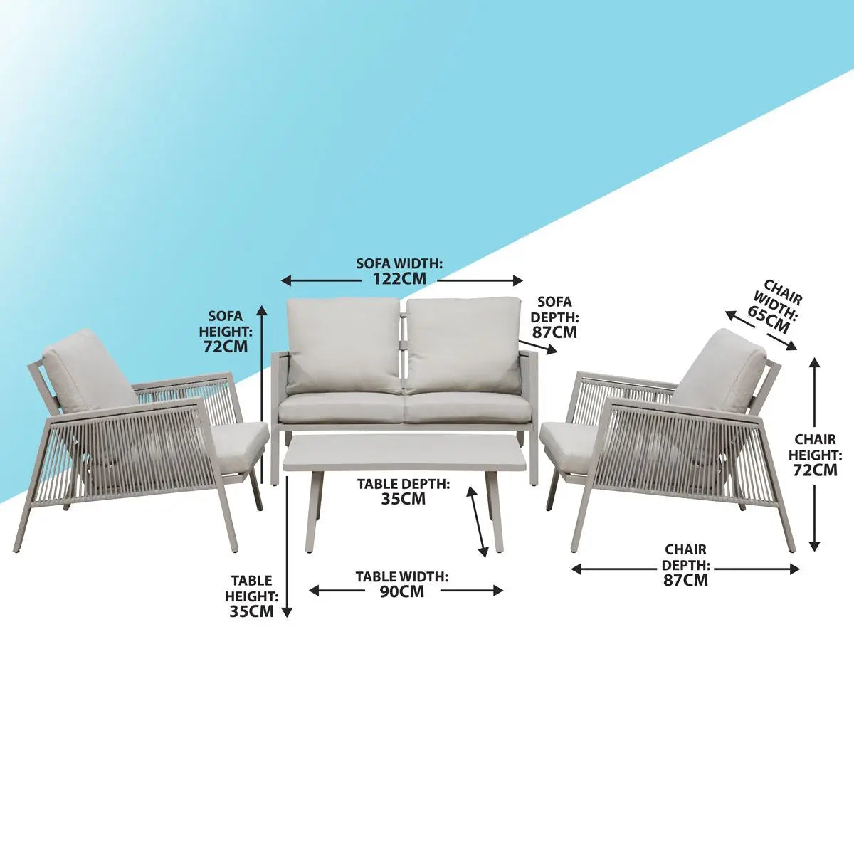 Dellonda Fusion Aluminium 4-Piece Outdoor Sofa, Arm Chairs & Coffee Table Set  White Rose Tools
