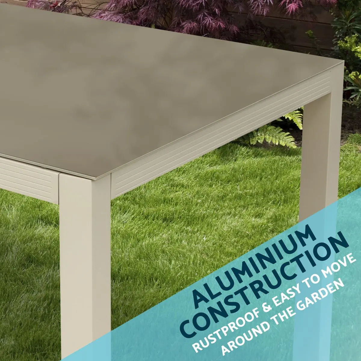 Dellonda Fusion Aluminium Glass Garden Dining Table with Parasol Hole, Light Grey  White Rose Tools