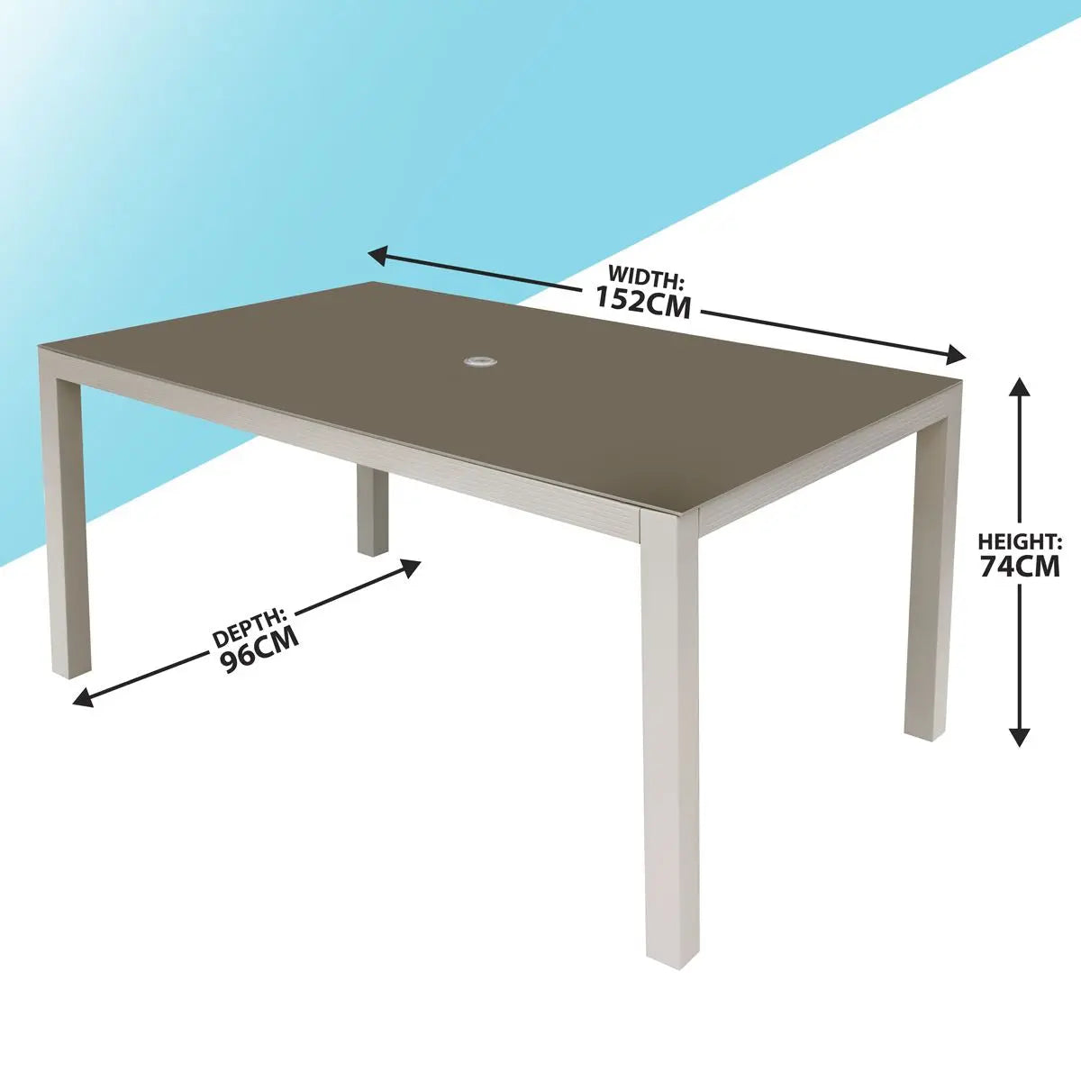 Dellonda Fusion Aluminium Glass Garden Dining Table with Parasol Hole, Light Grey  White Rose Tools
