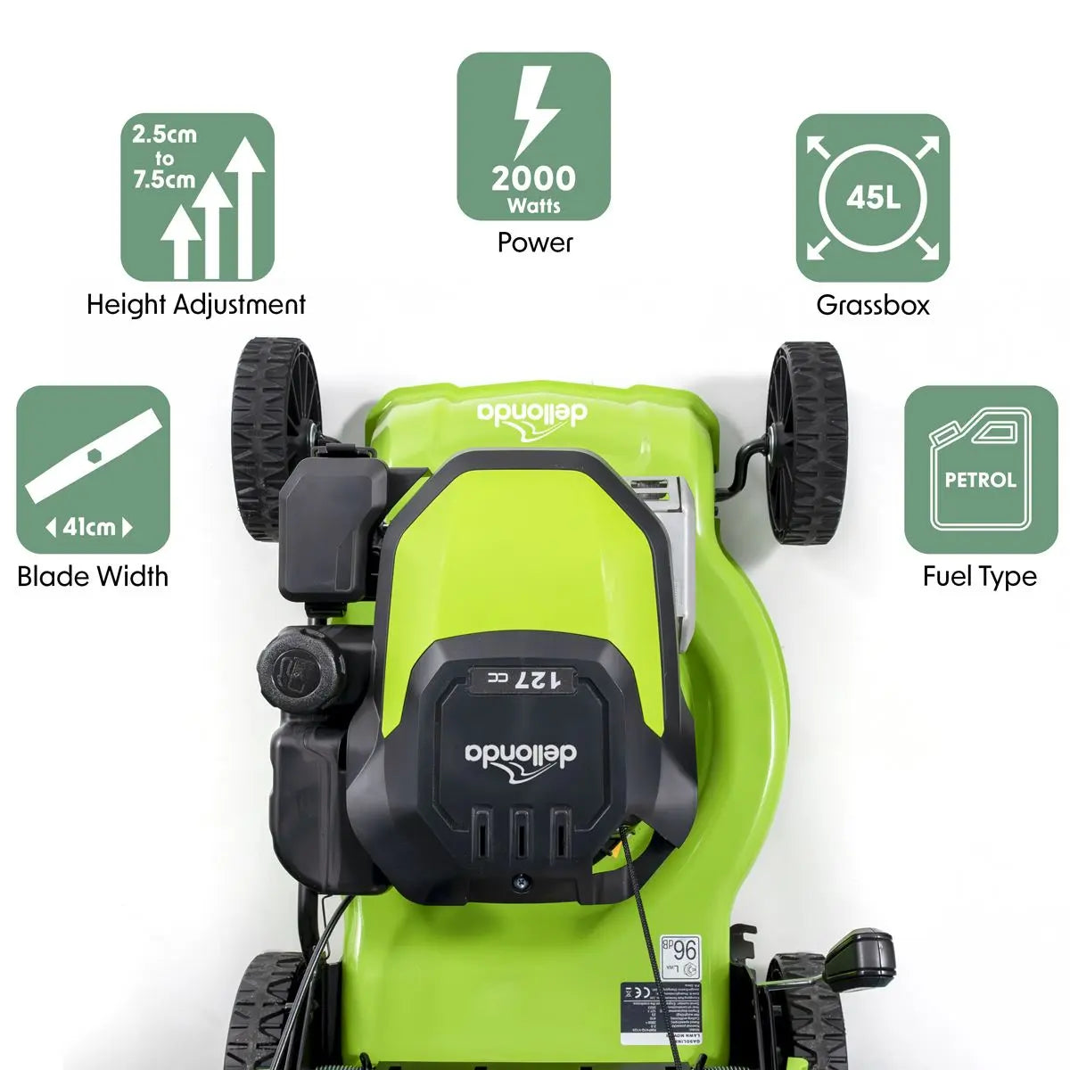 Dellonda Hand-Propelled Petrol Lawnmower Grass Cutter, 127cc 16"/41cm 4-Stroke  White Rose Tools