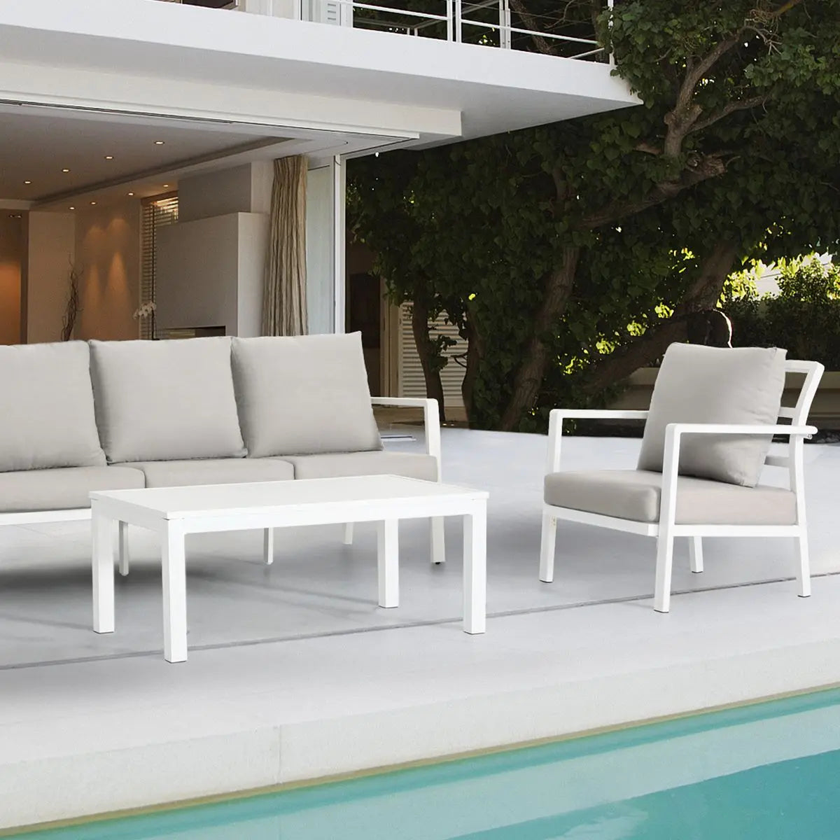 Dellonda Kyoto 4-Piece Aluminium Outdoor Garden Sofa Arm Chair Coffee Table Set  White Rose Tools