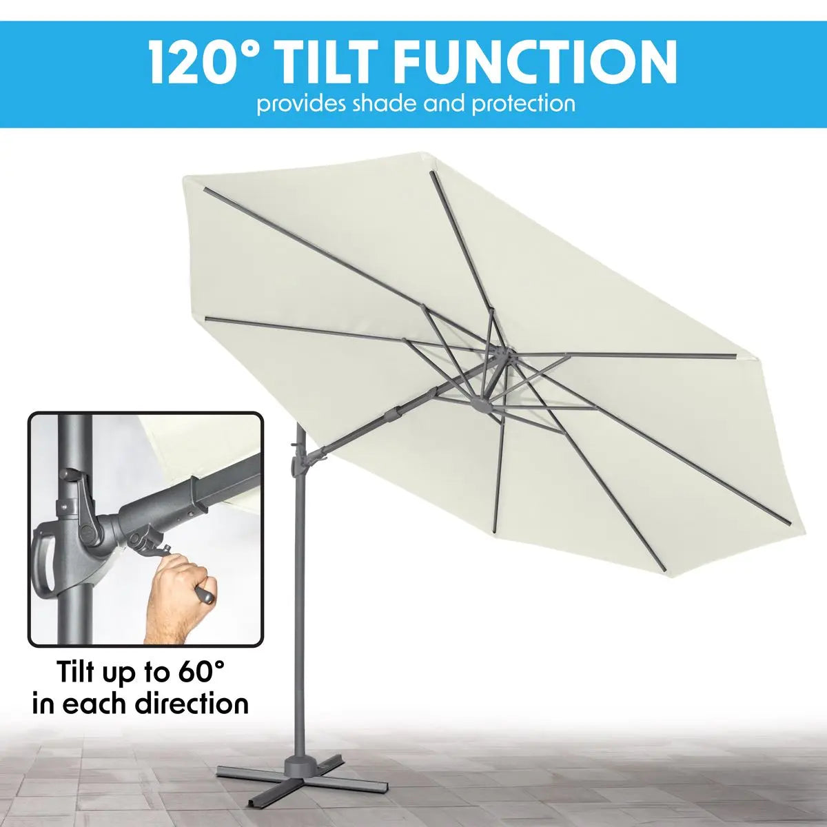 Dellonda Ø3m Garden/Patio Cantilever Parasol/Umbrella with Crank Handle, 360° Rotation, Tilt and Cover, Cream  White Rose Tools
