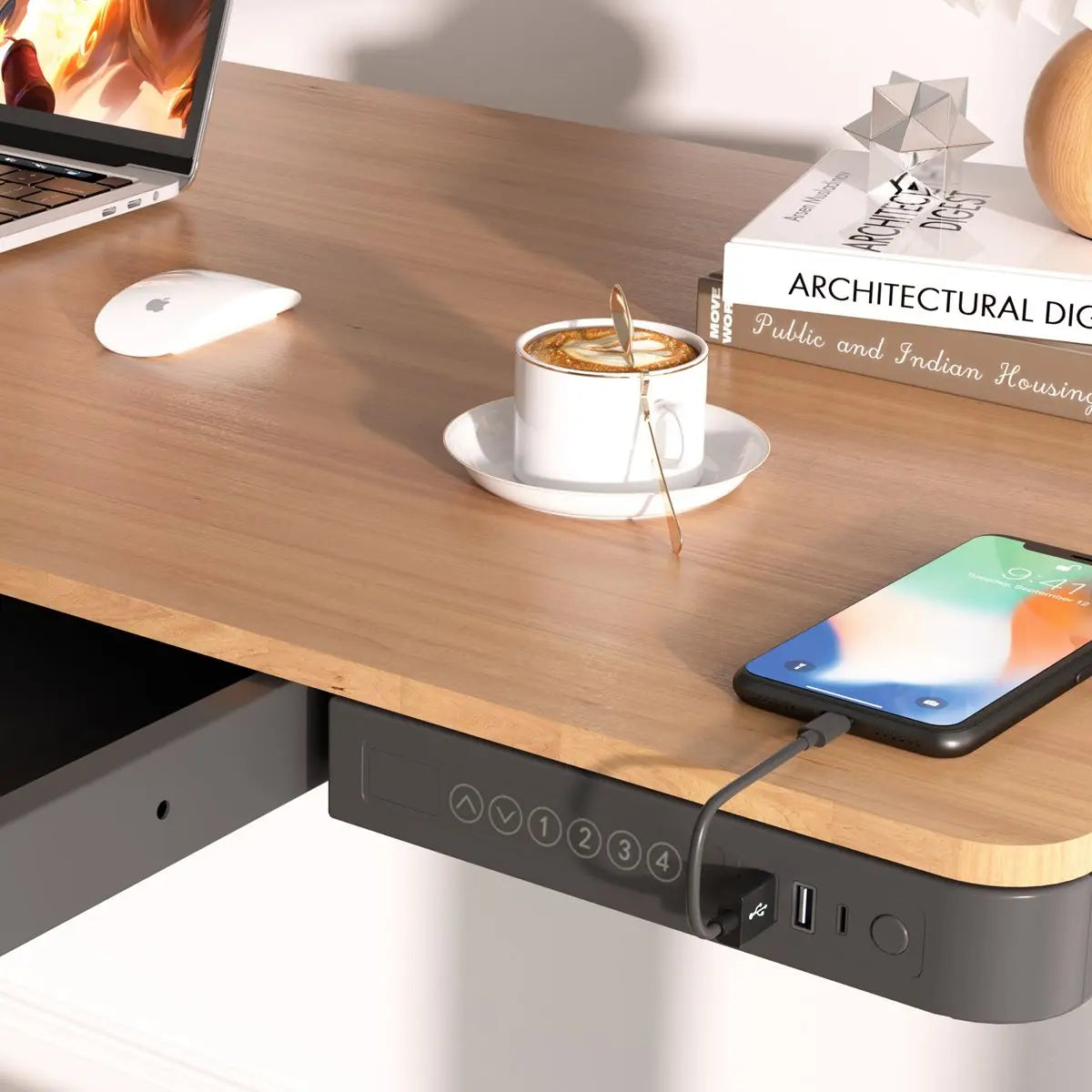 Dellonda Oak Electric Adjustable Standing Desk with USB & Drawer, 1200 x 600mm  White Rose Tools