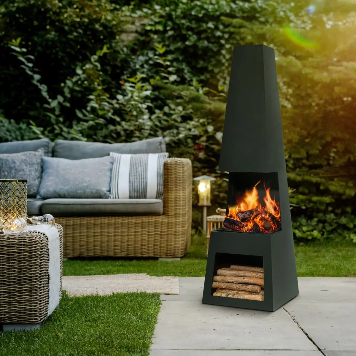Dellonda Outdoor Chiminea Fireplace Fire Pit Heater Firewood Storage Black Steel  White Rose Tools