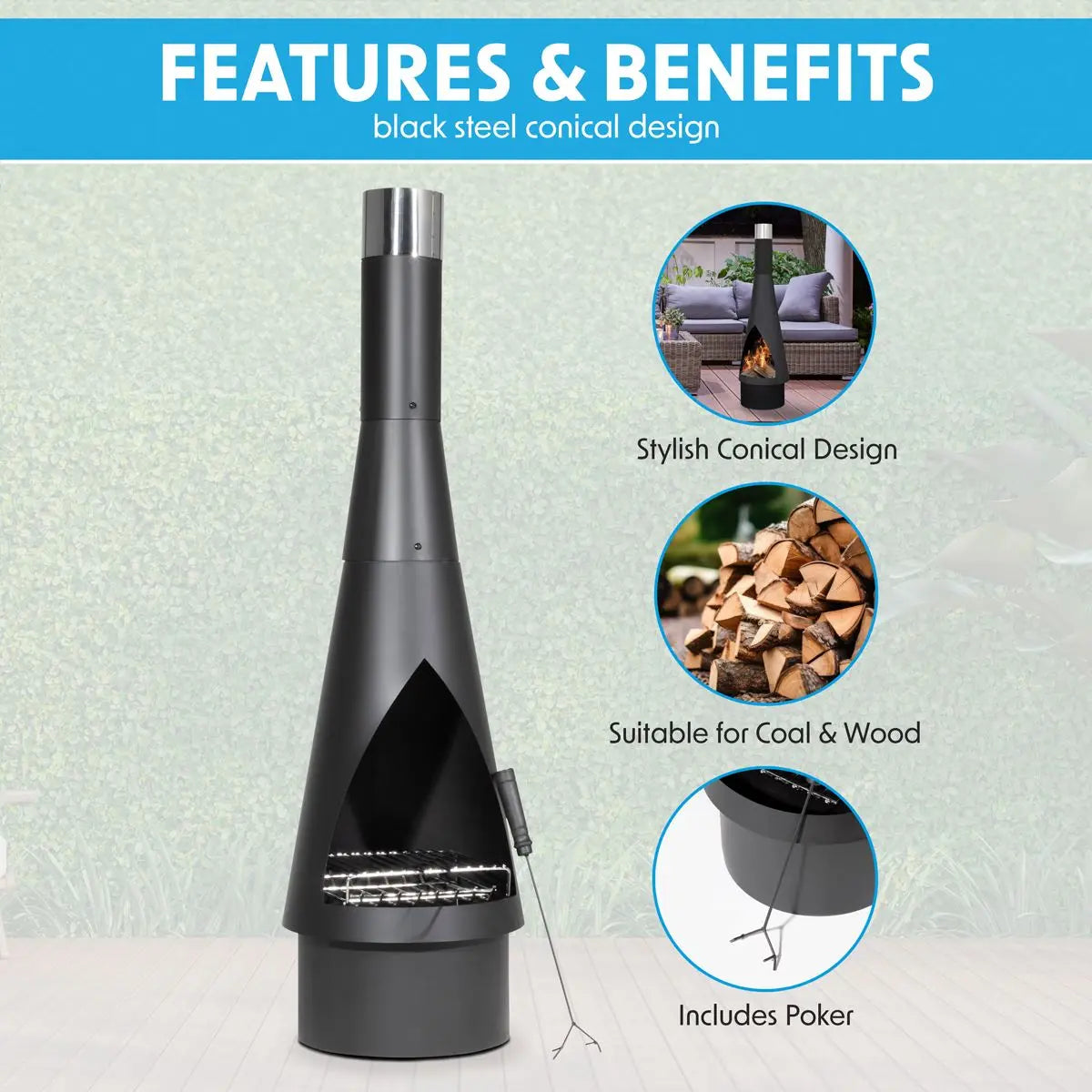 Dellonda Outdoor Chiminea, Fireplace, Fire Pit, Heater, Durable, Black Steel  White Rose Tools