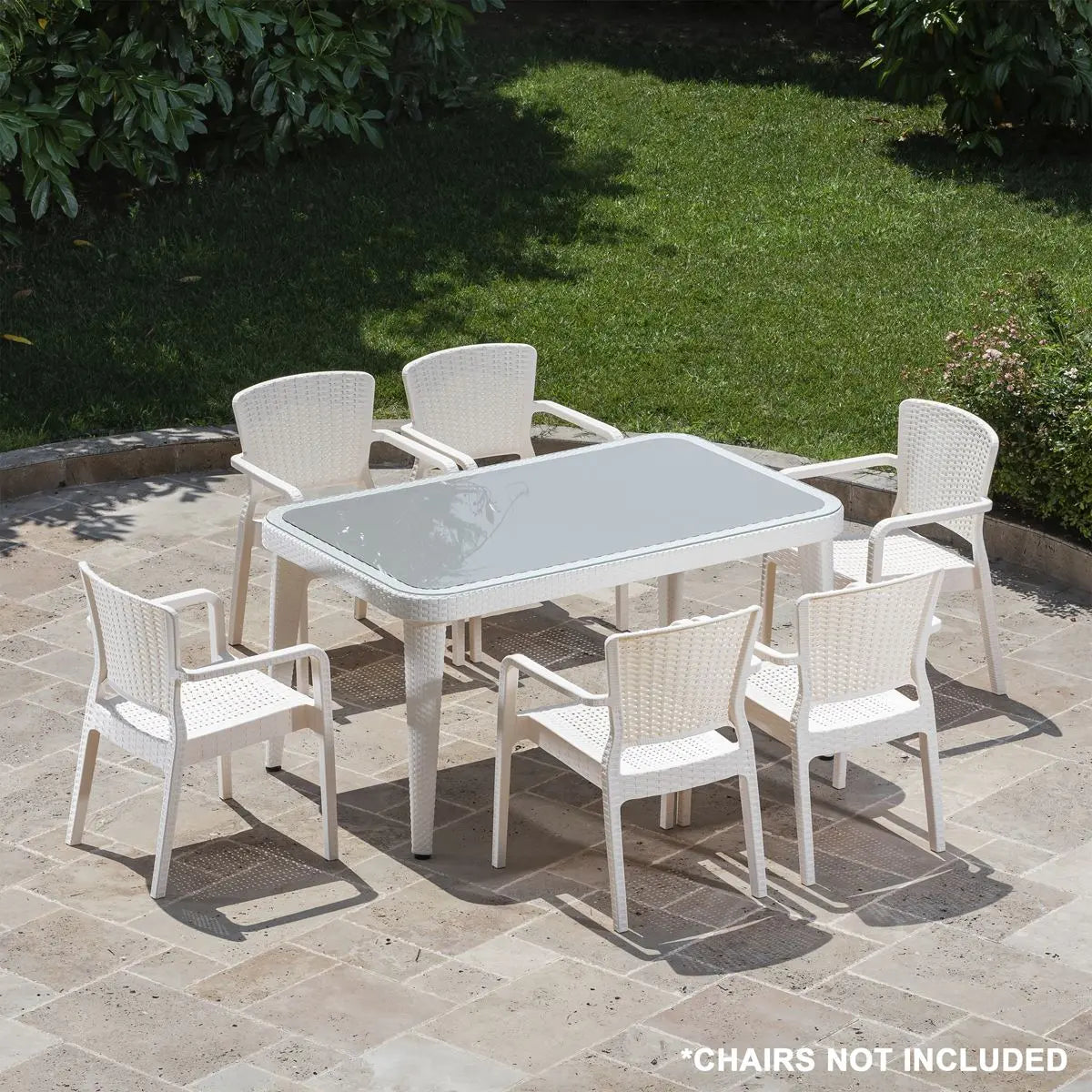 Dellonda Outdoor Dining Table Weather Resistant Body Glass Table 90x150cm  White Rose Tools