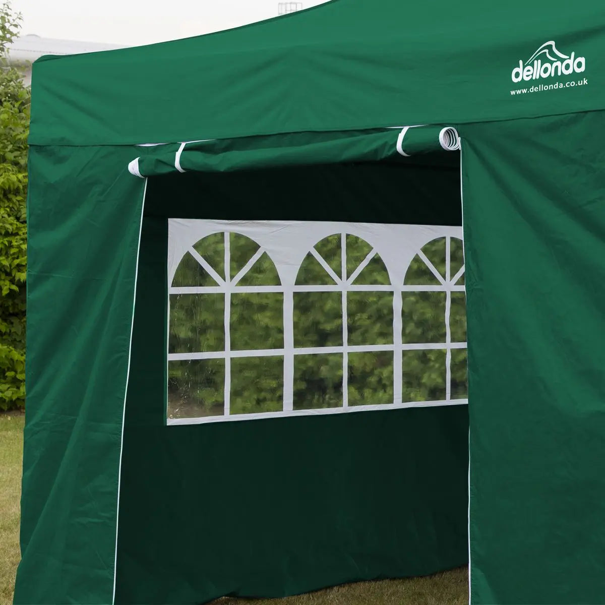 Dellonda Premium 2x2m Pop-Up Gazebo & Side Walls, PVC Coated, Water Resistant Fabric with Carry Bag, Rope, Stakes & Weight Bags - Green  White Rose Tools