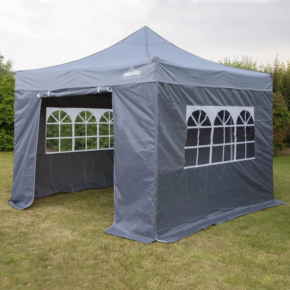 Dellonda Premium 2x2m Pop-Up Gazebo & Side Walls, PVC Coated, Water Resistant Fabric, Supplied with Carry Bag, Rope, Stakes & Weight Bags - Grey  White Rose Tools