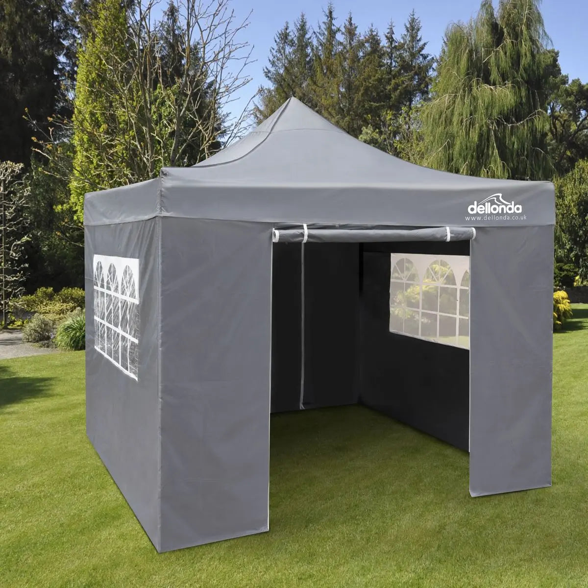 Dellonda Premium 2x2m Pop-Up Gazebo & Side Walls, PVC Coated, Water Resistant Fabric, Supplied with Carry Bag, Rope, Stakes & Weight Bags - Grey  White Rose Tools