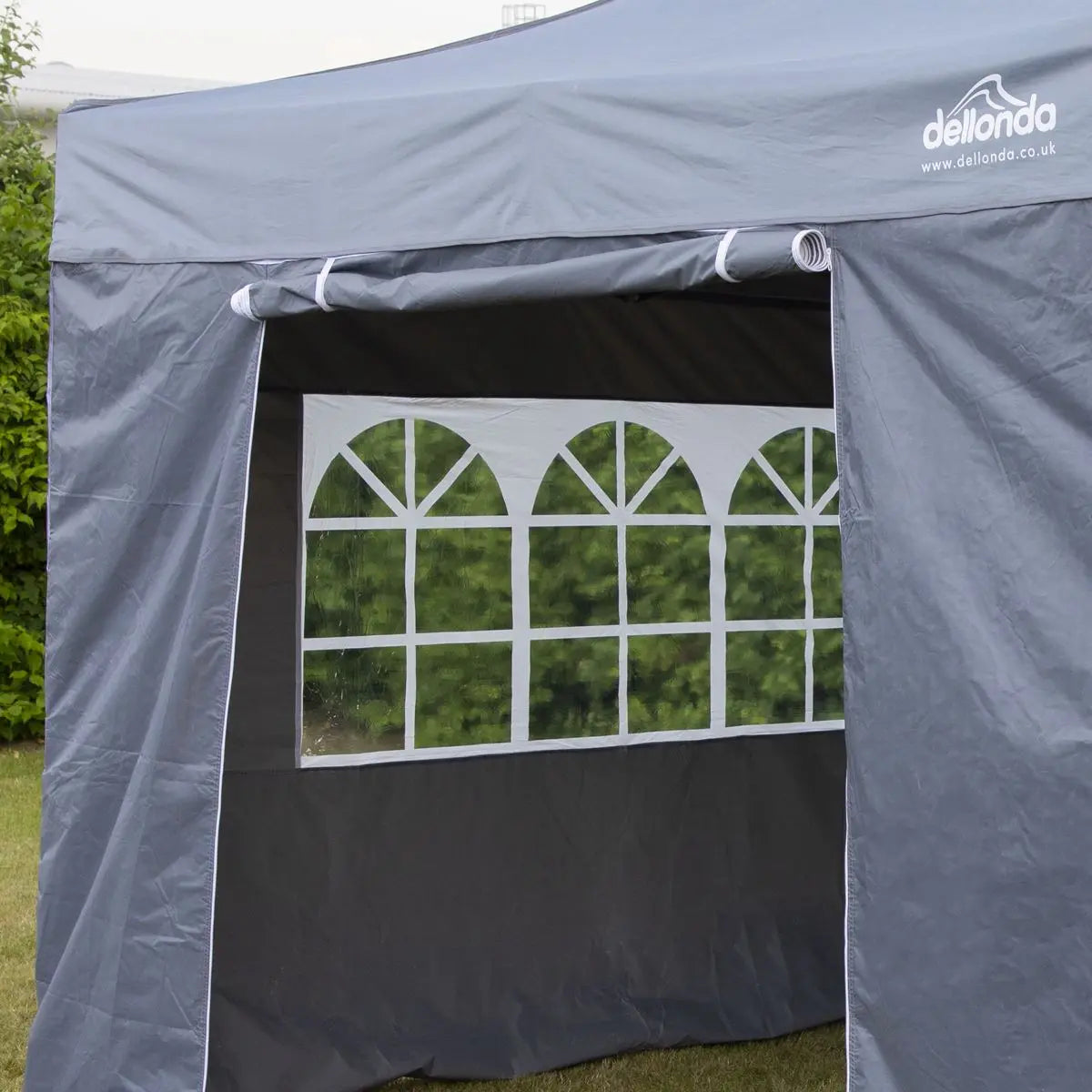 Dellonda Premium 2x2m Pop-Up Gazebo & Side Walls, PVC Coated, Water Resistant Fabric, Supplied with Carry Bag, Rope, Stakes & Weight Bags - Grey  White Rose Tools