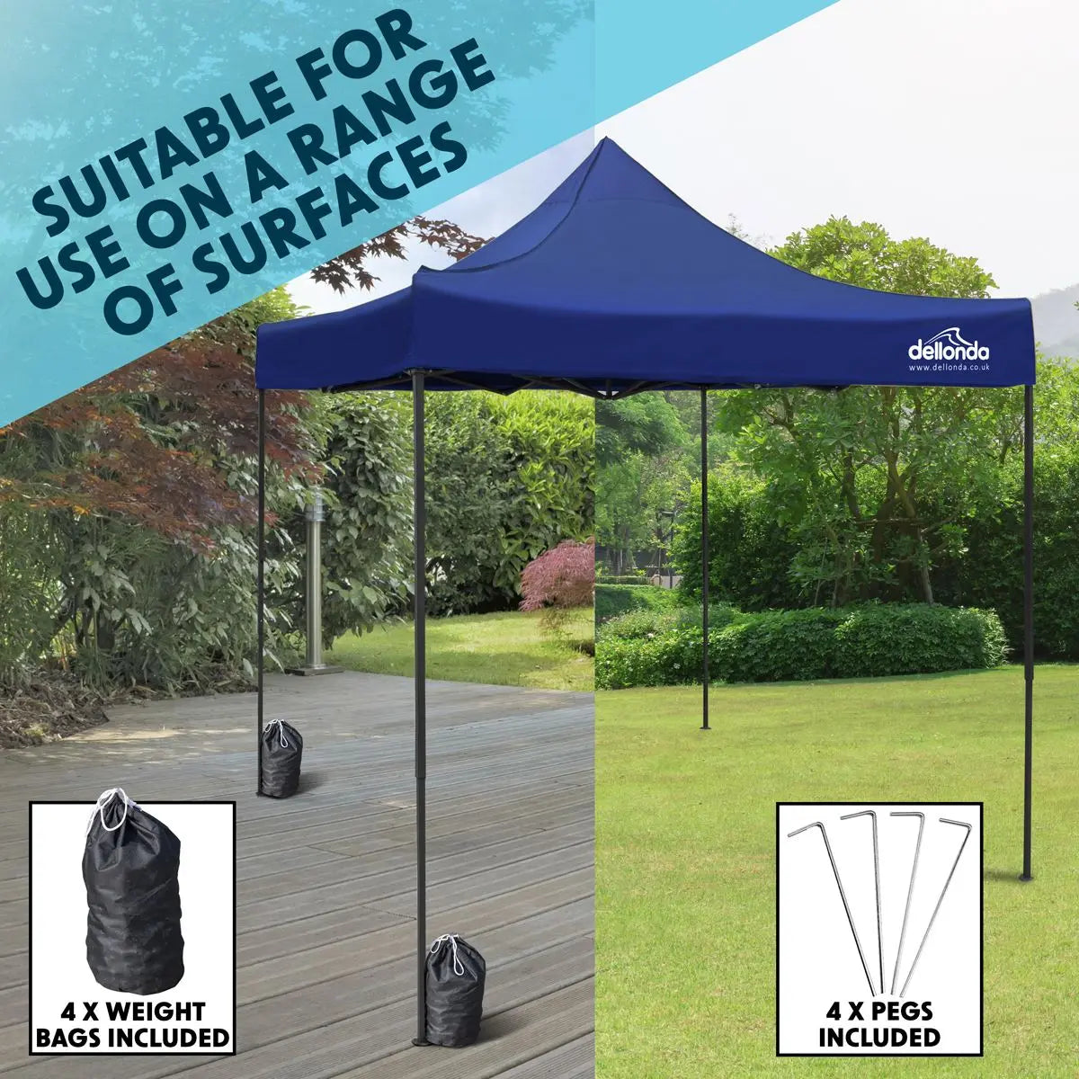 Dellonda Premium 3 x 3m Pop-Up Gazebo, PVC Coated, Water Resistant Fabric, Supplied with Carry Bag, Rope, Stakes & Weight Bags - Blue Canopy  White Rose Tools