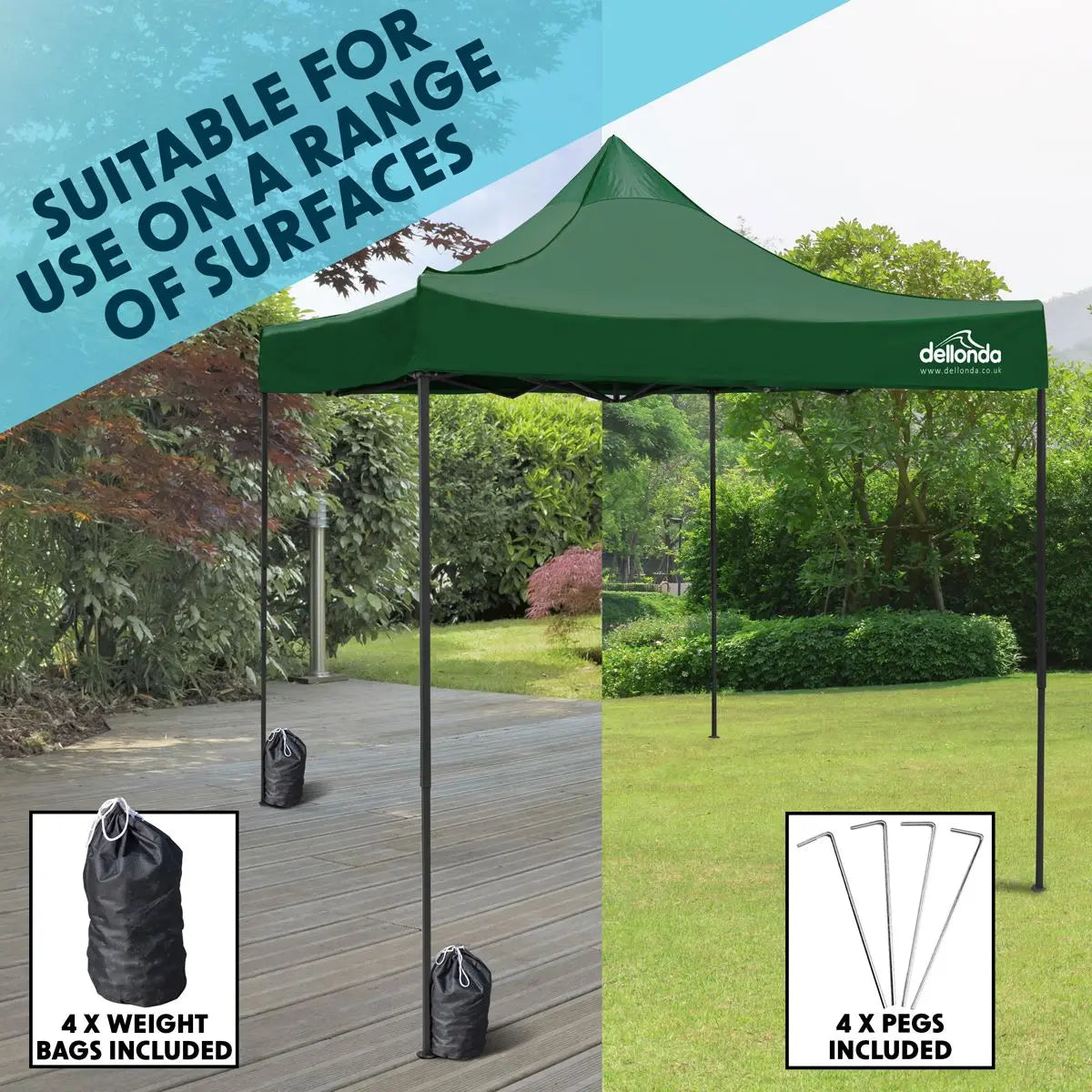 Dellonda Premium 3 x 3m Pop-Up Gazebo, PVC Coated, Water Resistant Fabric, Supplied with Carry Bag, Rope, Stakes & Weight Bags - Dark Green Canopy  White Rose Tools