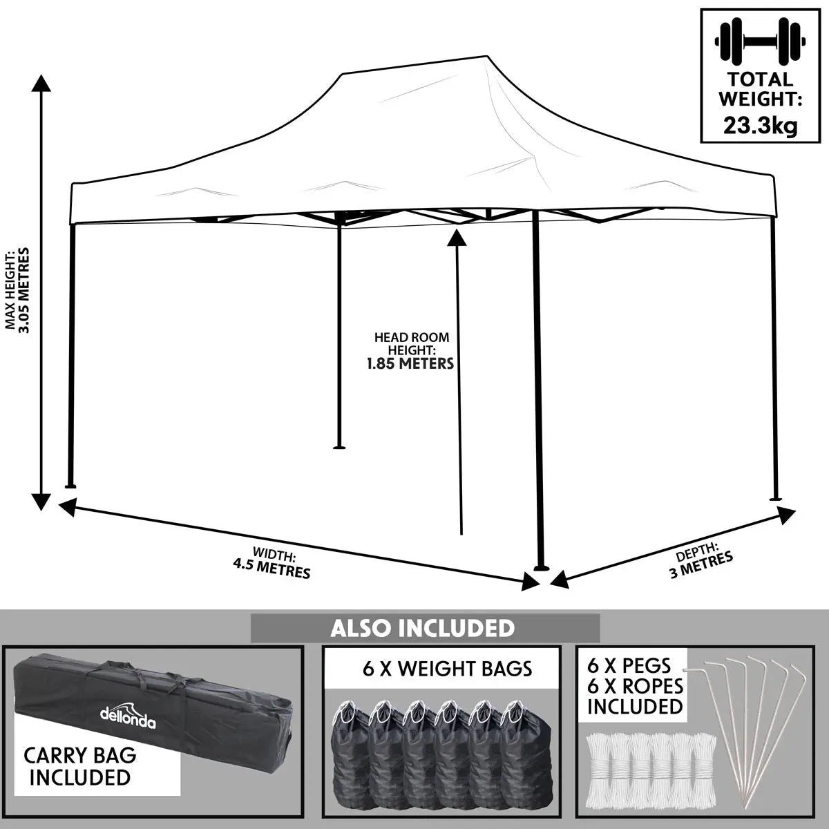 Dellonda Premium 3 x 4.5m Pop-Up Gazebo, Heavy Duty, PVC Coated, Water Resistant Fabric, Supplied with Carry Bag, Rope, Stakes & Weight Bags - Blue Canopy  White Rose Tools