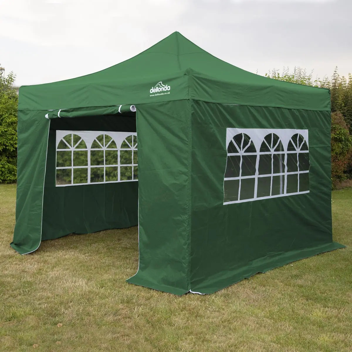 Dellonda Premium 3x3m Pop-Up Gazebo & Side Walls, PVC Coated, Water Resistant Fabric with Carry Bag, Rope, Stakes & Weight Bags - Green  White Rose Tools