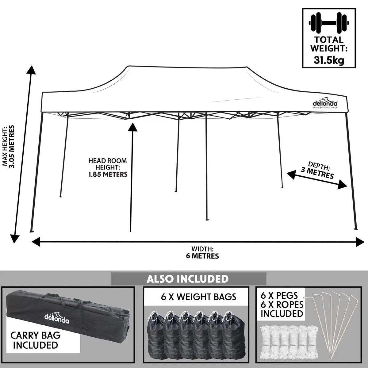 Dellonda Premium 3x6m Pop-Up Gazebo, Heavy Duty, PVC Coated, Water Resistant Fabric, Supplied with Carry Bag, Rope, Stakes & Weight Bags - Dark Green Canopy  White Rose Tools