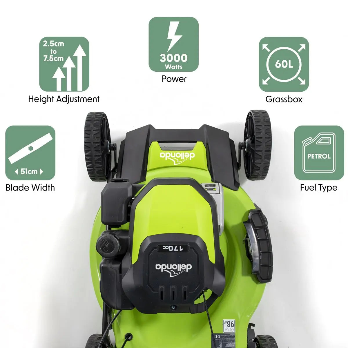 Dellonda Self-Propelled Petrol Lawnmower Grass Cutter with Height Adjustment & Grass Bag 170cc 20"/51cm 4-Stroke Engine  White Rose Tools