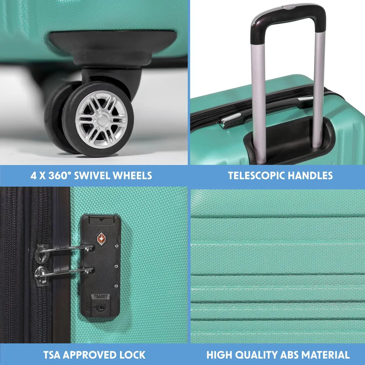 Dellonda Set 3-Piece Lightweight ABS Luggage Set with Integrated TSA Approved Combination Lock - Teal - DL126  White Rose Tools