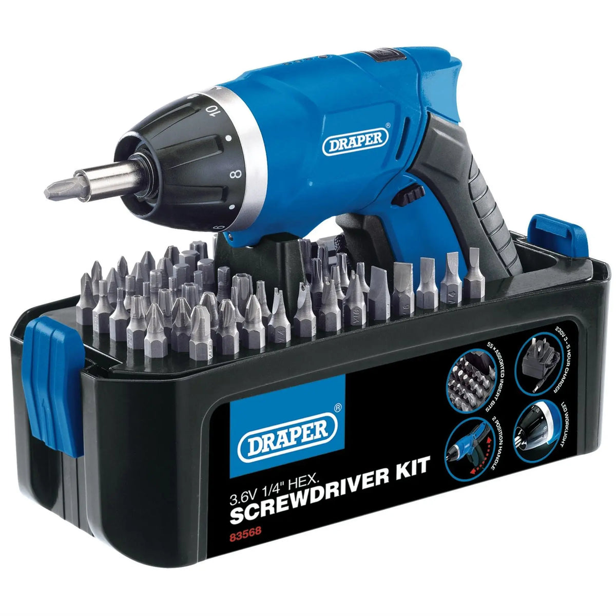 Draper 3.6V Cordless Li-ion Screwdriver Kit 83568  White Rose Tools