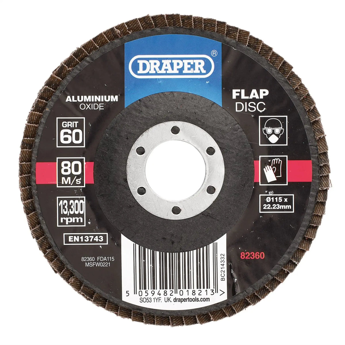Draper Aluminium Oxide Flap Disc 115 x 22.23mm 60 Grit 82360  White Rose Tools