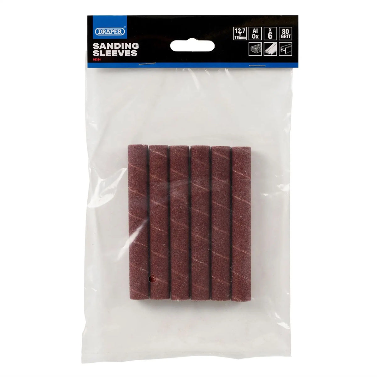 Draper Aluminium Oxide Sanding Sleeves 12.7 x 115mm 80 Grit (Pack of 6) 08364  White Rose Tools