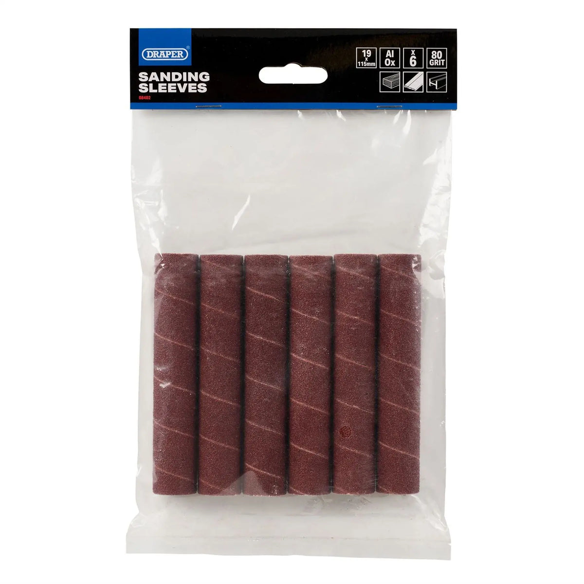 Draper Aluminium Oxide Sanding Sleeves 19 x 115mm 80 Grit (Pack of 6) 08402  White Rose Tools