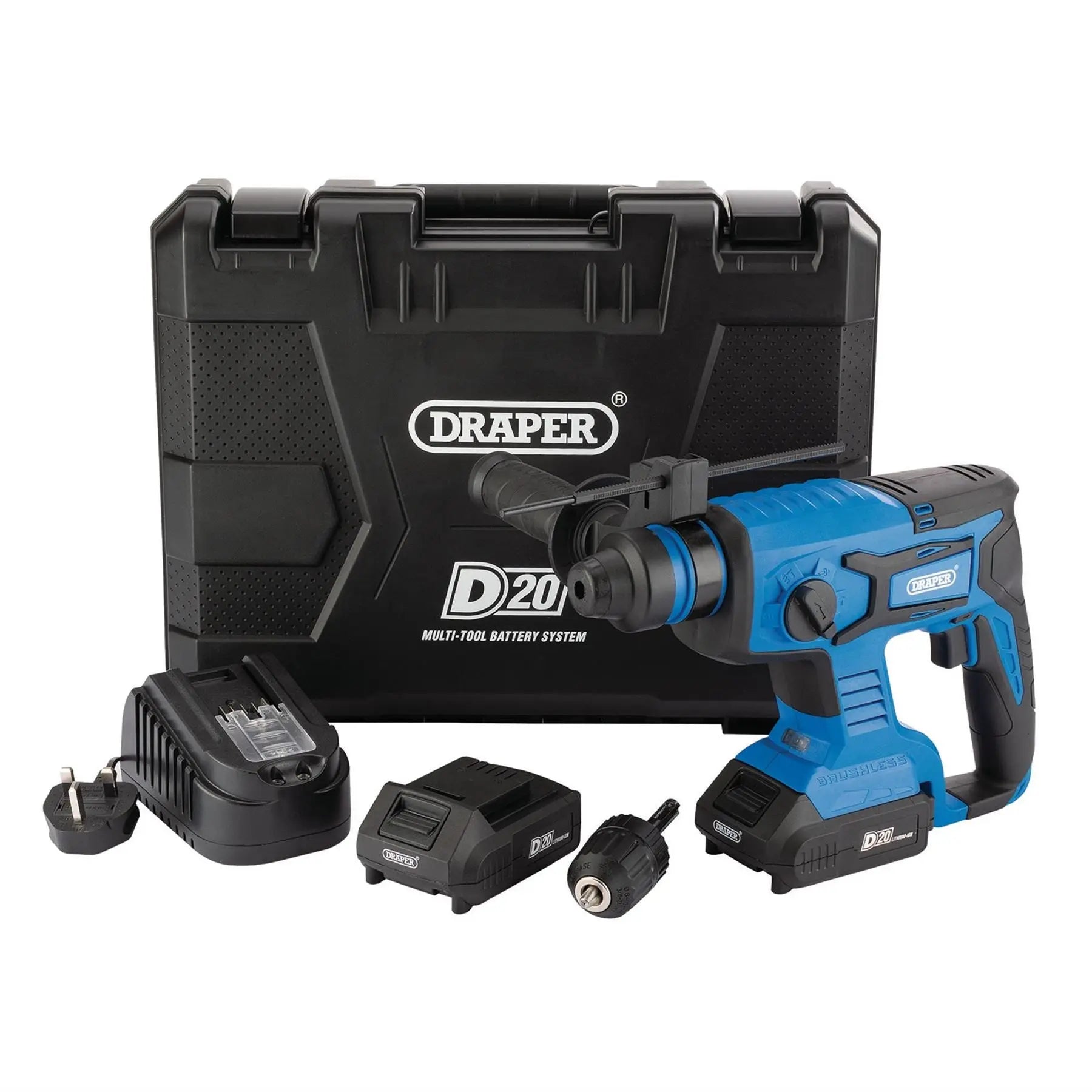 Draper D20 20V Brushless SDS+ Rotary Hammer Drill 2 x 2.0Ah Batteries 1 x Charger 00592  White Rose Tools