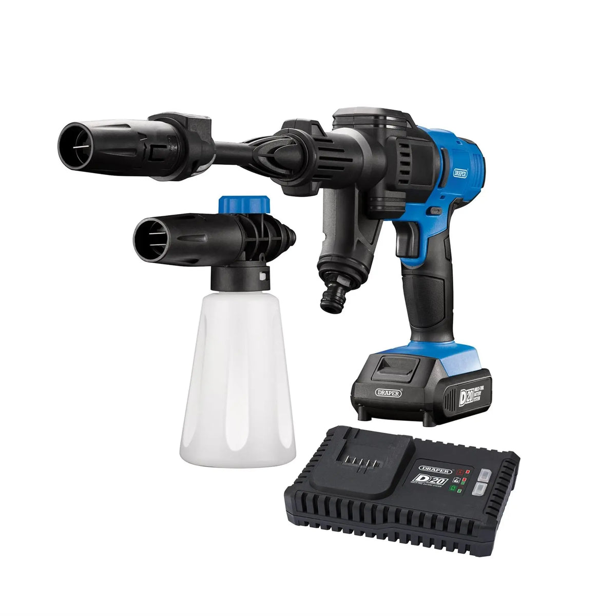 Draper D20 20V Cordless Pressure Washer Kit 1 x 2.0Ah Battery 1 x Fast Charger 97533  White Rose Tools