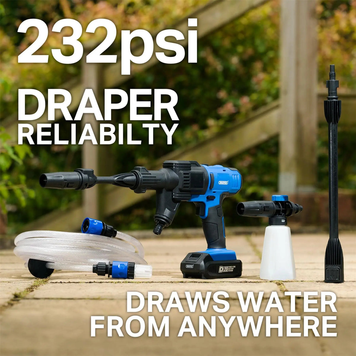 Draper D20 20V Cordless Pressure Washer Kit 1 x 2.0Ah Battery 1 x Fast Charger 97533  White Rose Tools
