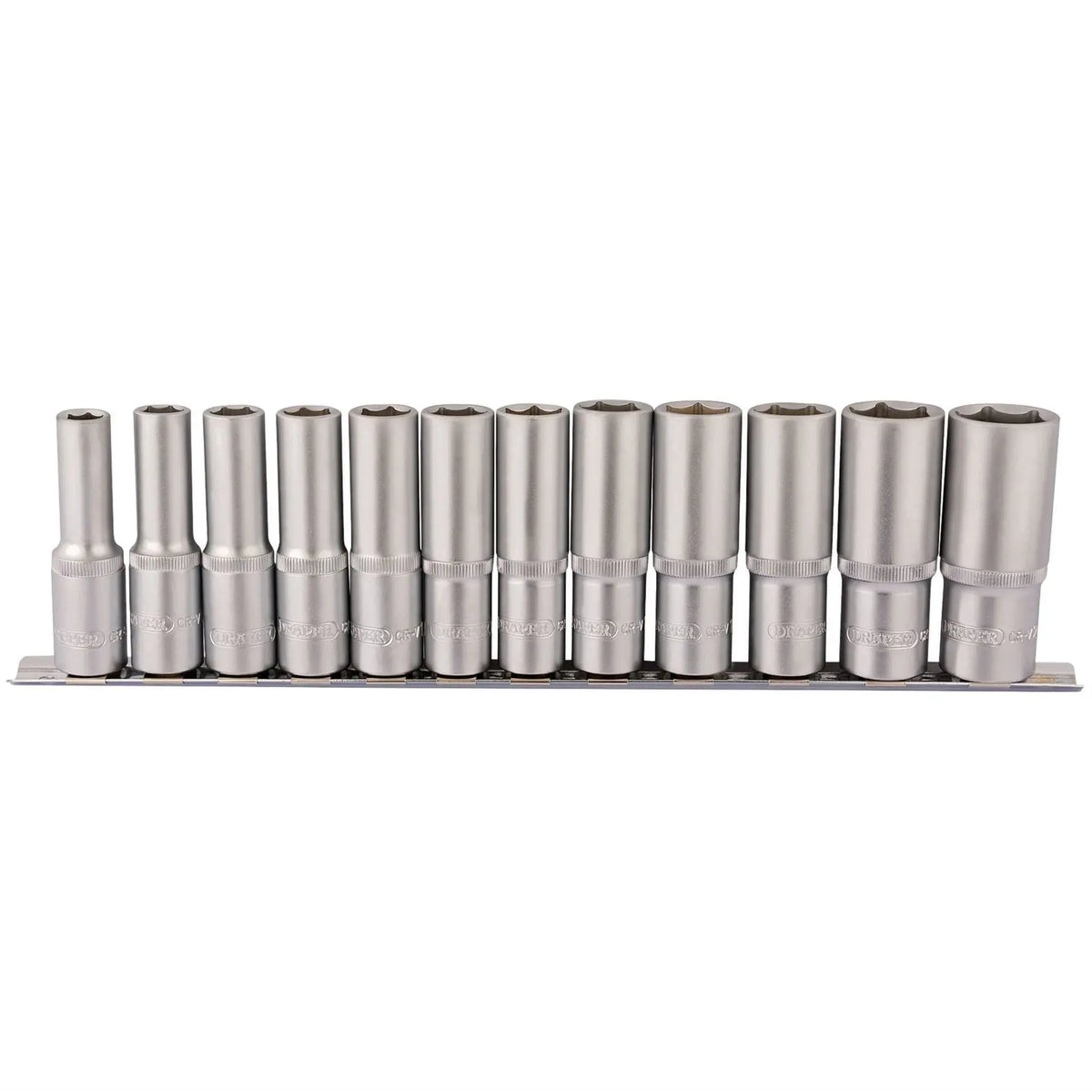 Draper Deep Socket Set on Metal Rail 1/2" Sq. Dr. (12 Piece) 16403  White Rose Tools