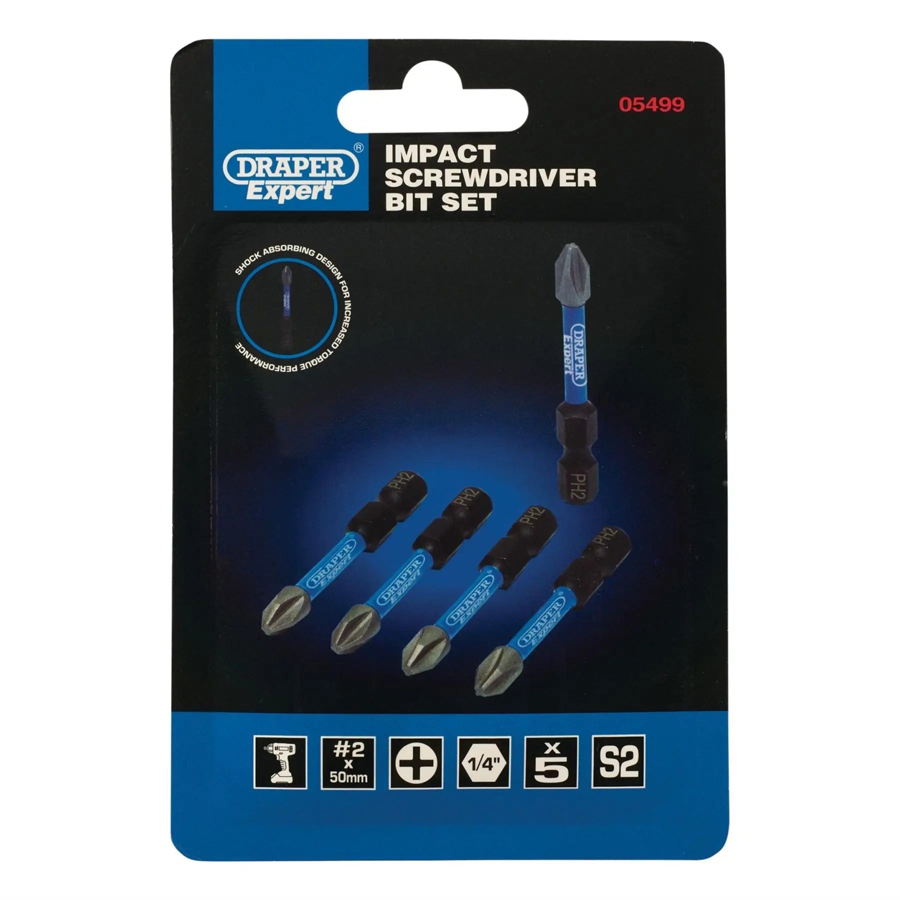 Draper Expert Cross Slot/PH Type Impact Screwdriver Bits No.2 x 50mm 1/4" Hex (Pack of 5) 05499  White Rose Tools