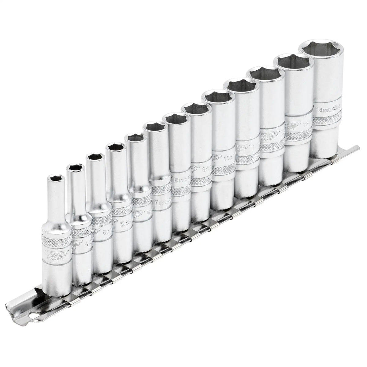 Draper Expert Deep Metric Socket Set on a Metal Rail 1/4" Sq. Dr. (13 Piece) 16490  White Rose Tools