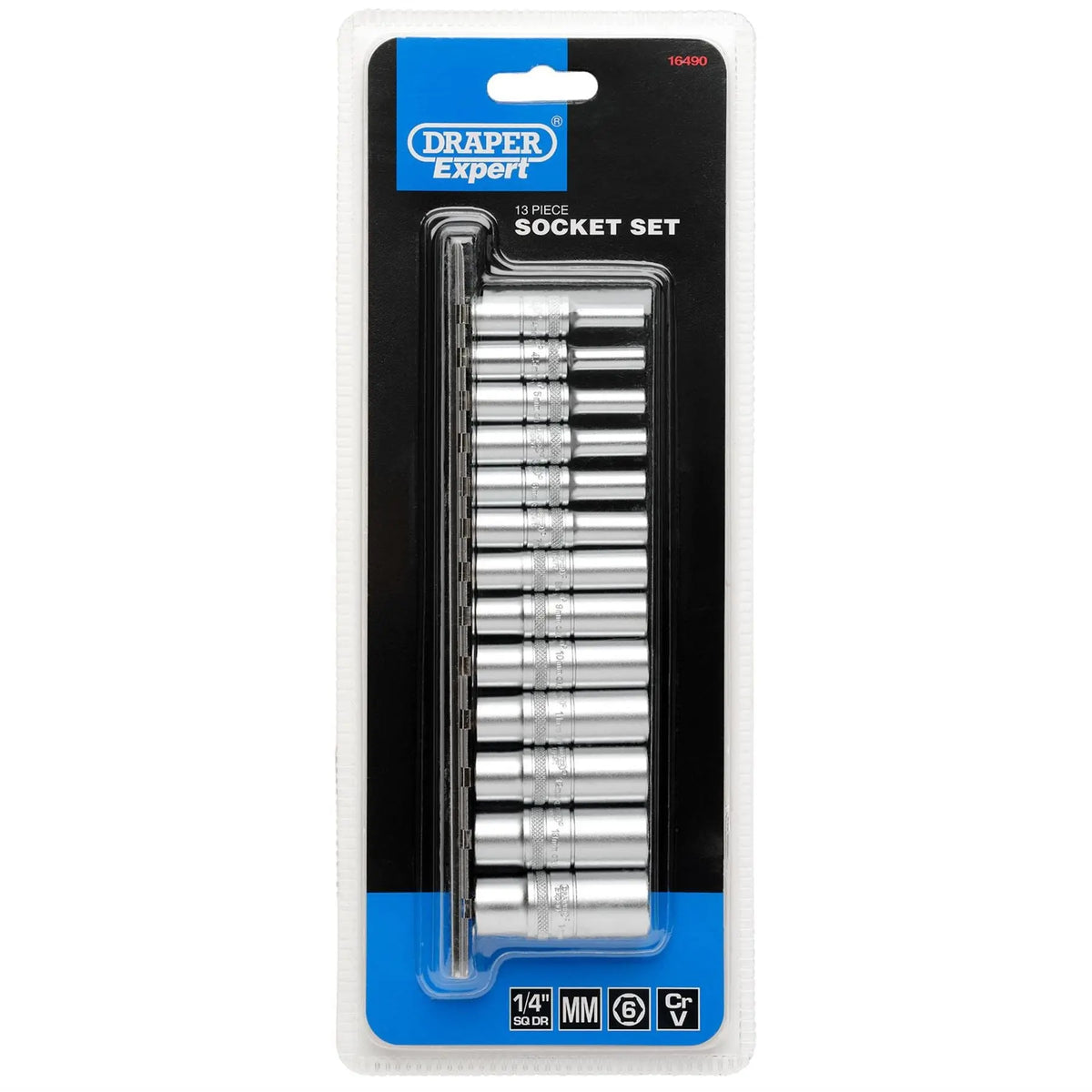 Draper Expert Deep Metric Socket Set on a Metal Rail 1/4" Sq. Dr. (13 Piece) 16490  White Rose Tools