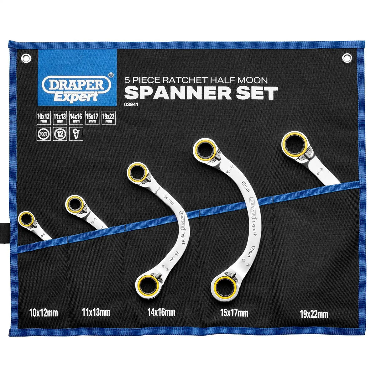 Draper Expert HI-TORQ® Double Ring Reversible Ratchet Half Moon Spanner Set (5 Piece) 03941  White Rose Tools