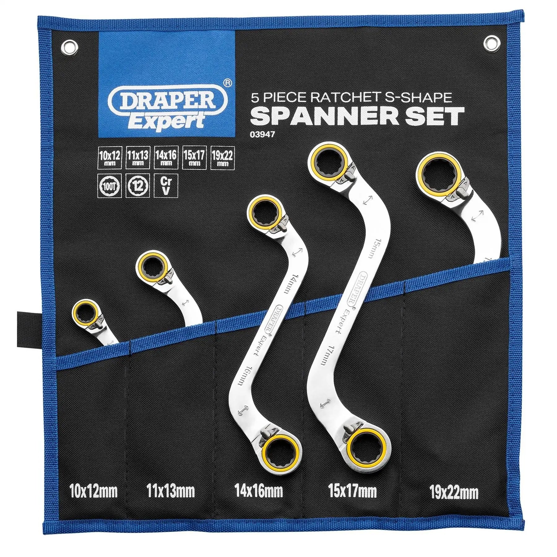 Draper Expert HI-TORQ® Double Ring Reversible Ratchet S-Shape Spanner Set (5 Piece) 03947  White Rose Tools