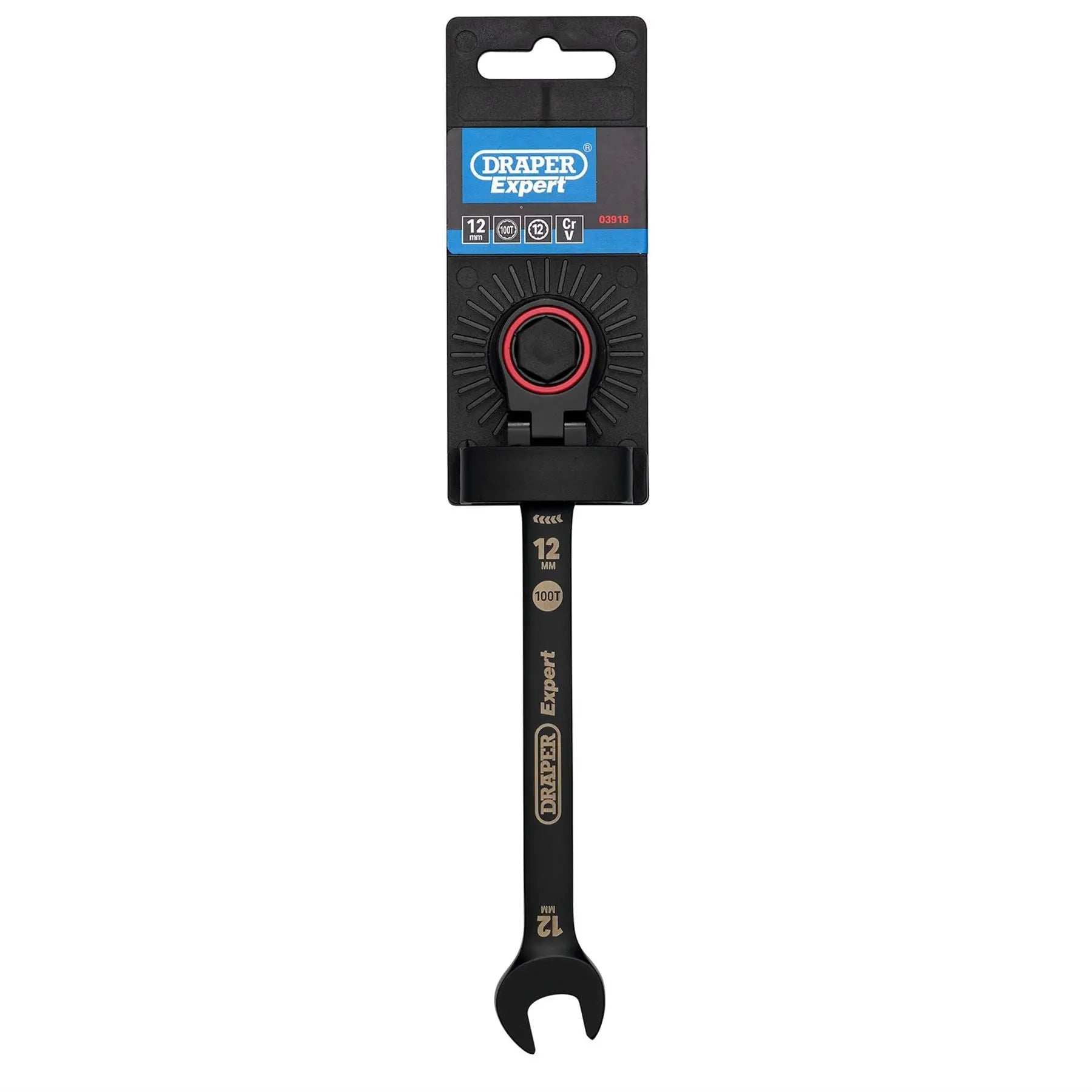 Draper Expert HI-TORQ® Metric Flexible Head Ratchet Combination Spanner 12mm Black 03918  White Rose Tools