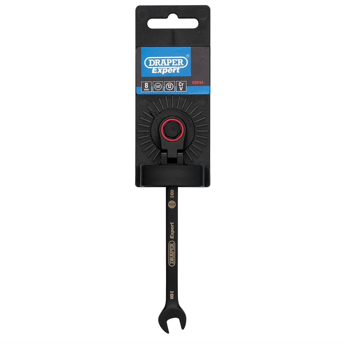 Draper Expert HI-TORQ® Metric Flexible Head Ratchet Combination Spanner 8mm Black 03914  White Rose Tools
