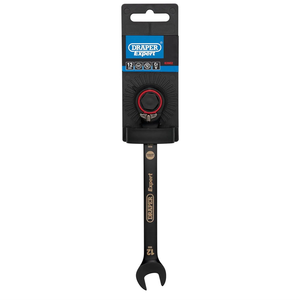 Draper Expert HI-TORQ®  Metric Reversible Ratchet Combination Spanner 12mm Black 03902  White Rose Tools