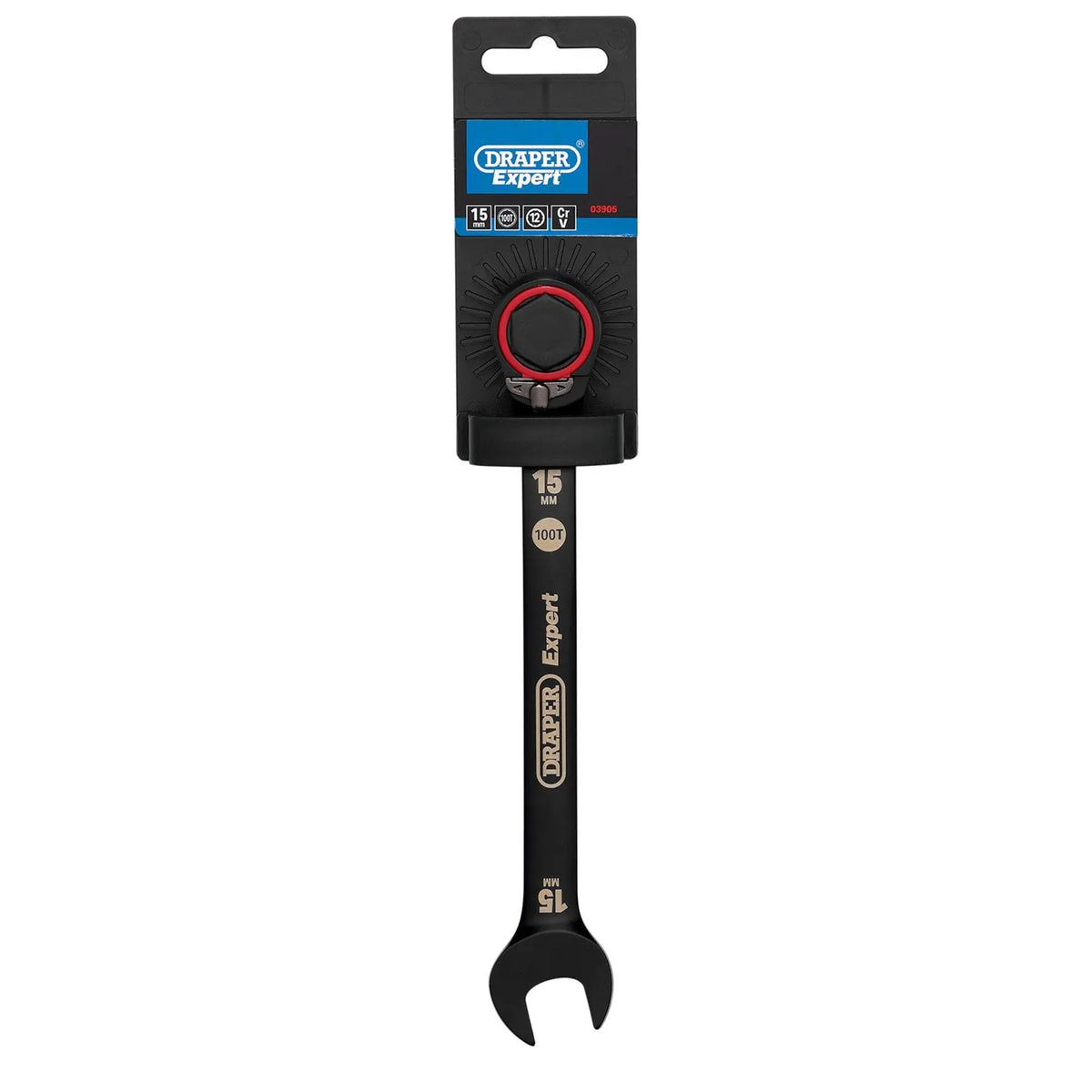 Draper Expert HI-TORQ®  Metric Reversible Ratchet Combination Spanner 15mm Black 03905  White Rose Tools