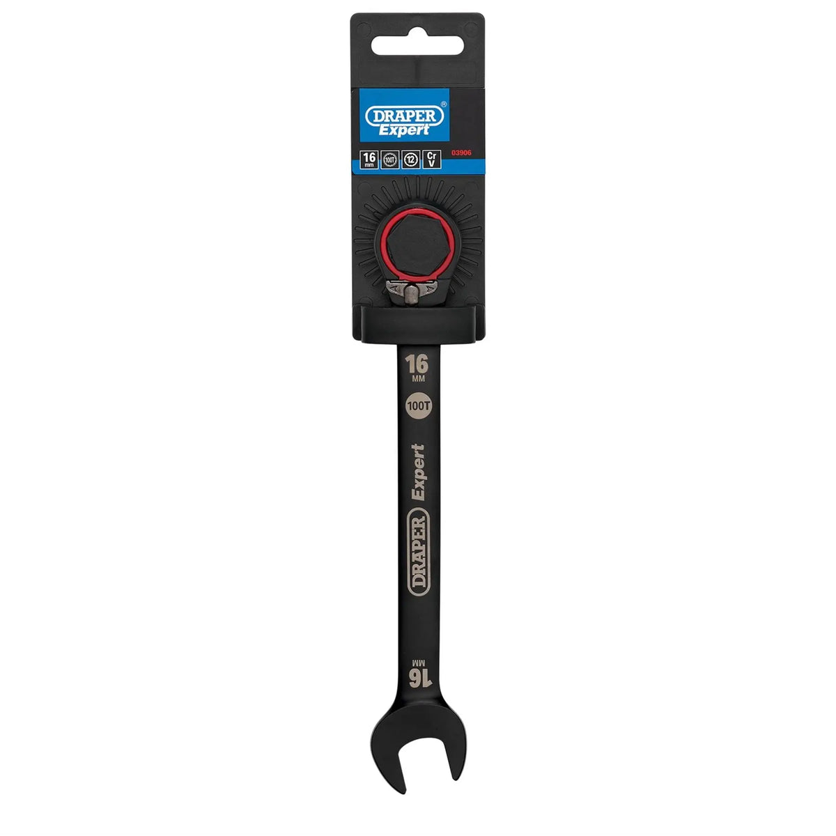 Draper Expert HI-TORQ®  Metric Reversible Ratchet Combination Spanner 16mm Black 03906  White Rose Tools