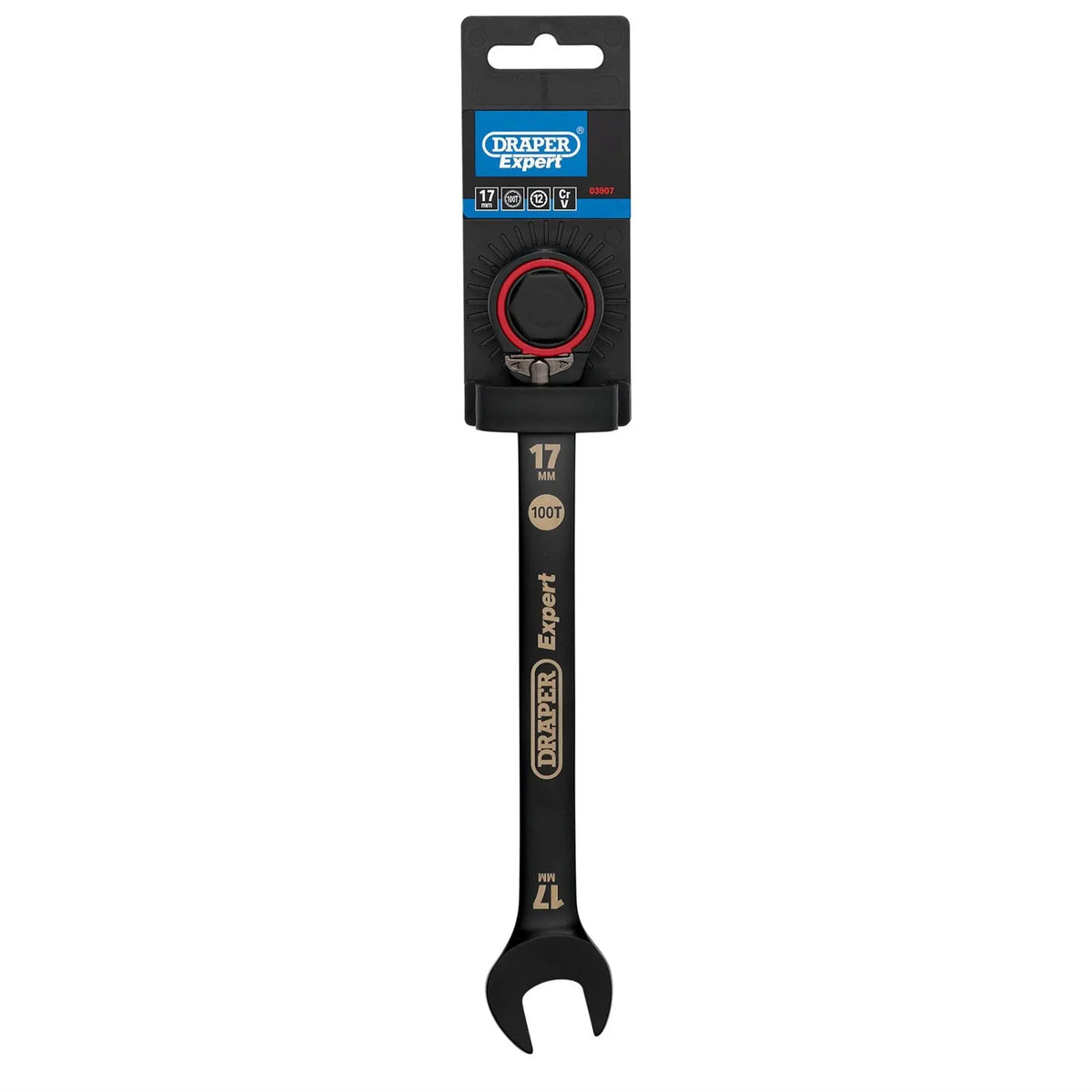 Draper Expert HI-TORQ®  Metric Reversible Ratchet Combination Spanner 17mm Black 03907  White Rose Tools