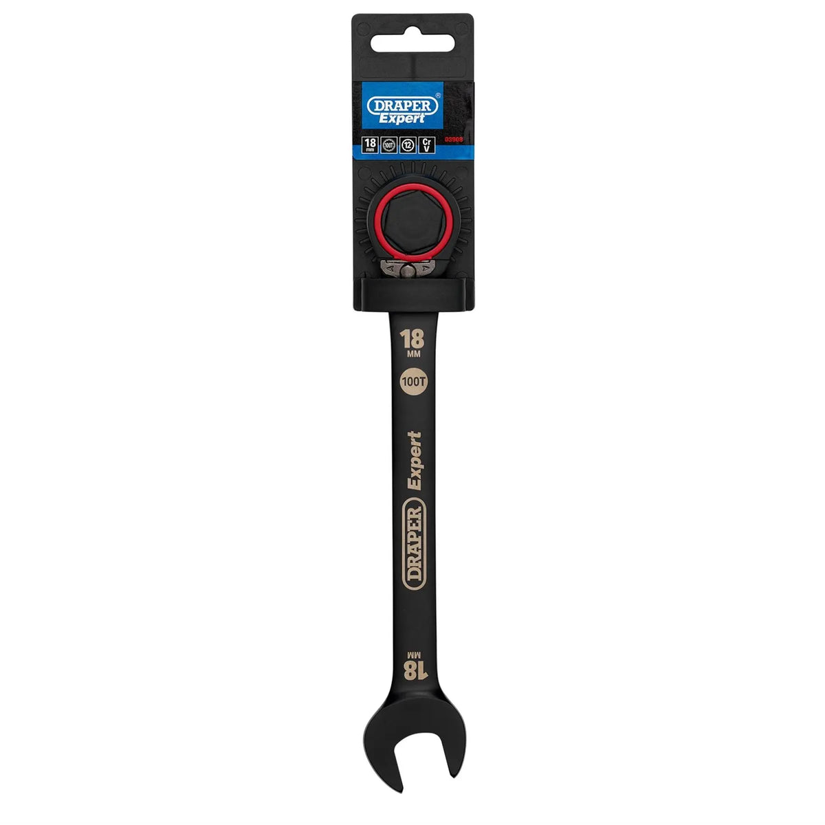 Draper Expert HI-TORQ®  Metric Reversible Ratchet Combination Spanner 18mm Black 03908  White Rose Tools
