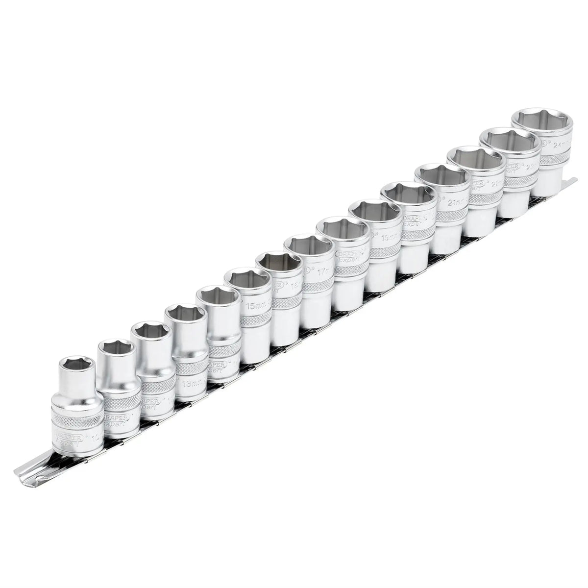 Draper Expert HI-TORQ® Metric Socket Set on a Metal Rail 1/2" Sq. Dr. (15 Piece) 16496  White Rose Tools