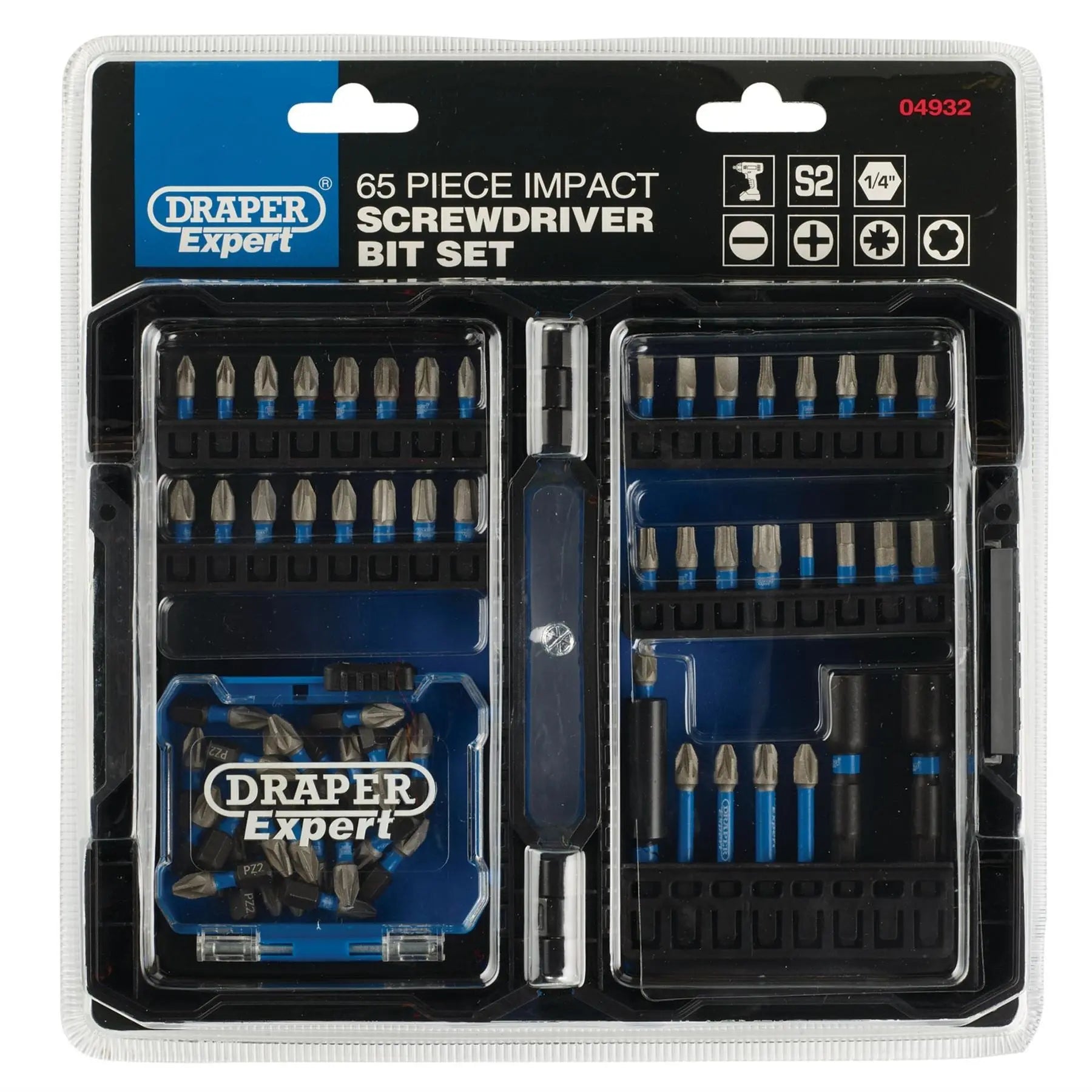 Draper Expert Impact Screwdriver Bit Set 1/4" Hex (65 Piece) 04932  White Rose Tools
