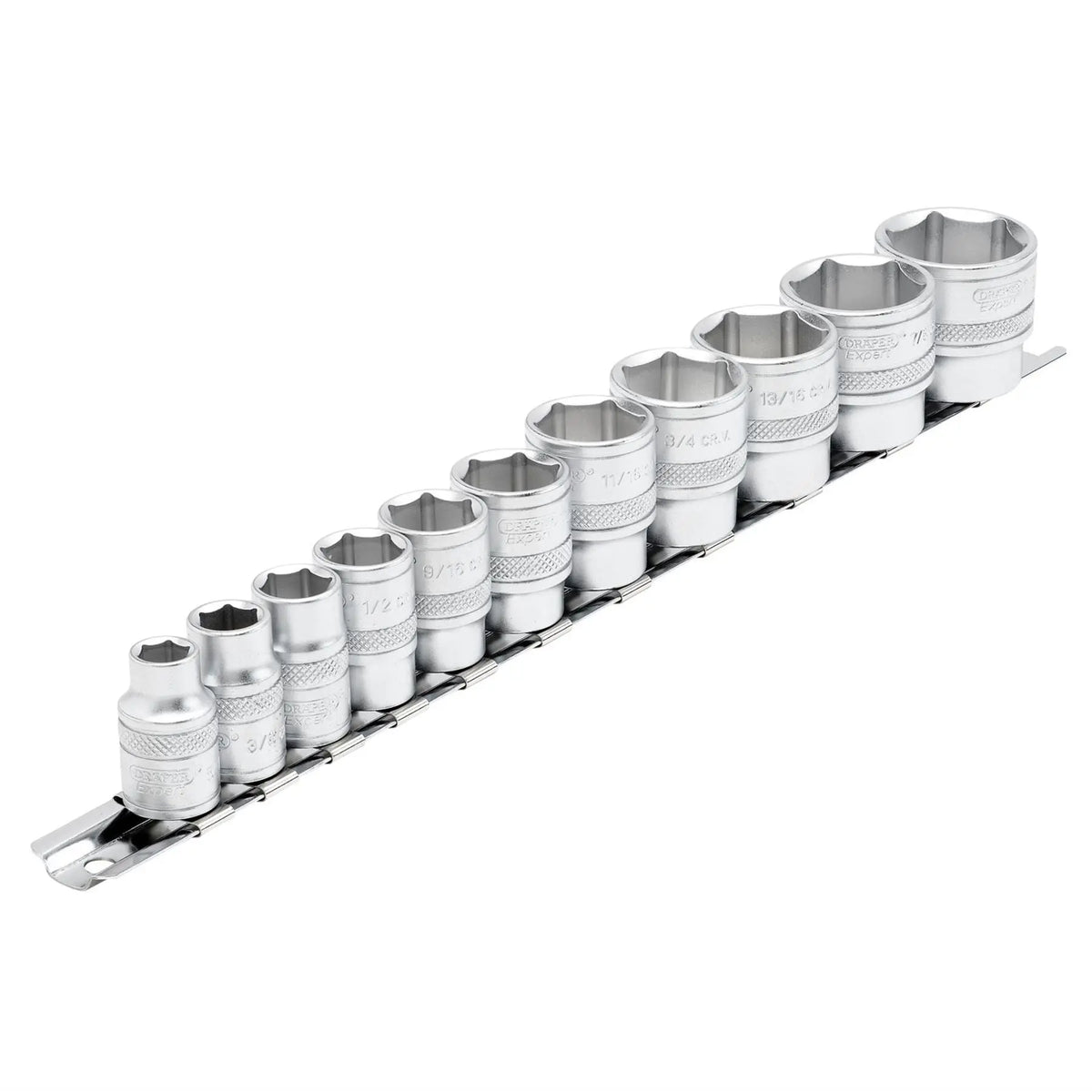 Draper Expert Imperial Socket Set on a Metal Rail 3/8" Sq. Dr. (11 Piece) 16493  White Rose Tools