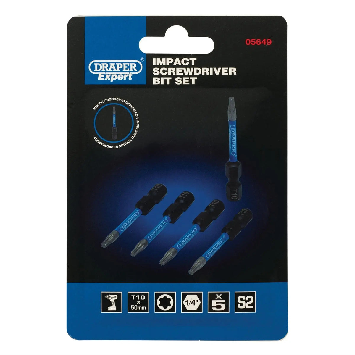 Draper Expert TX-STAR® Impact Screwdriver Bits T10 x 50mm 1/4" Hex (Pack of 5) 05649  White Rose Tools