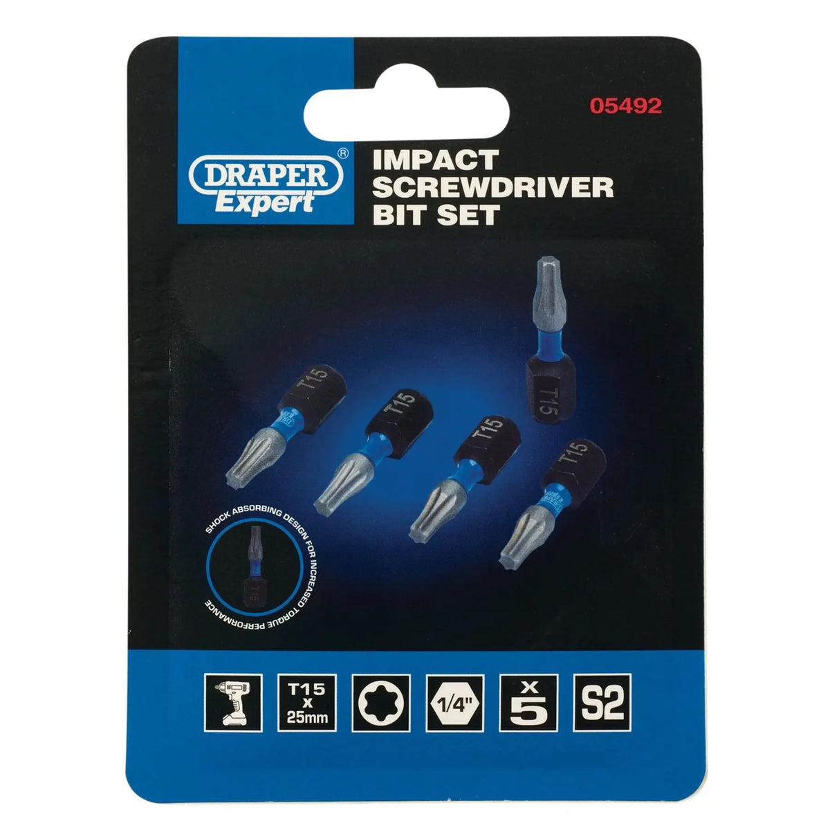 Draper Expert TX-STAR® Impact Screwdriver Bits T15 x 25mm 1/4" Hex (Pack of 5) 05492  White Rose Tools