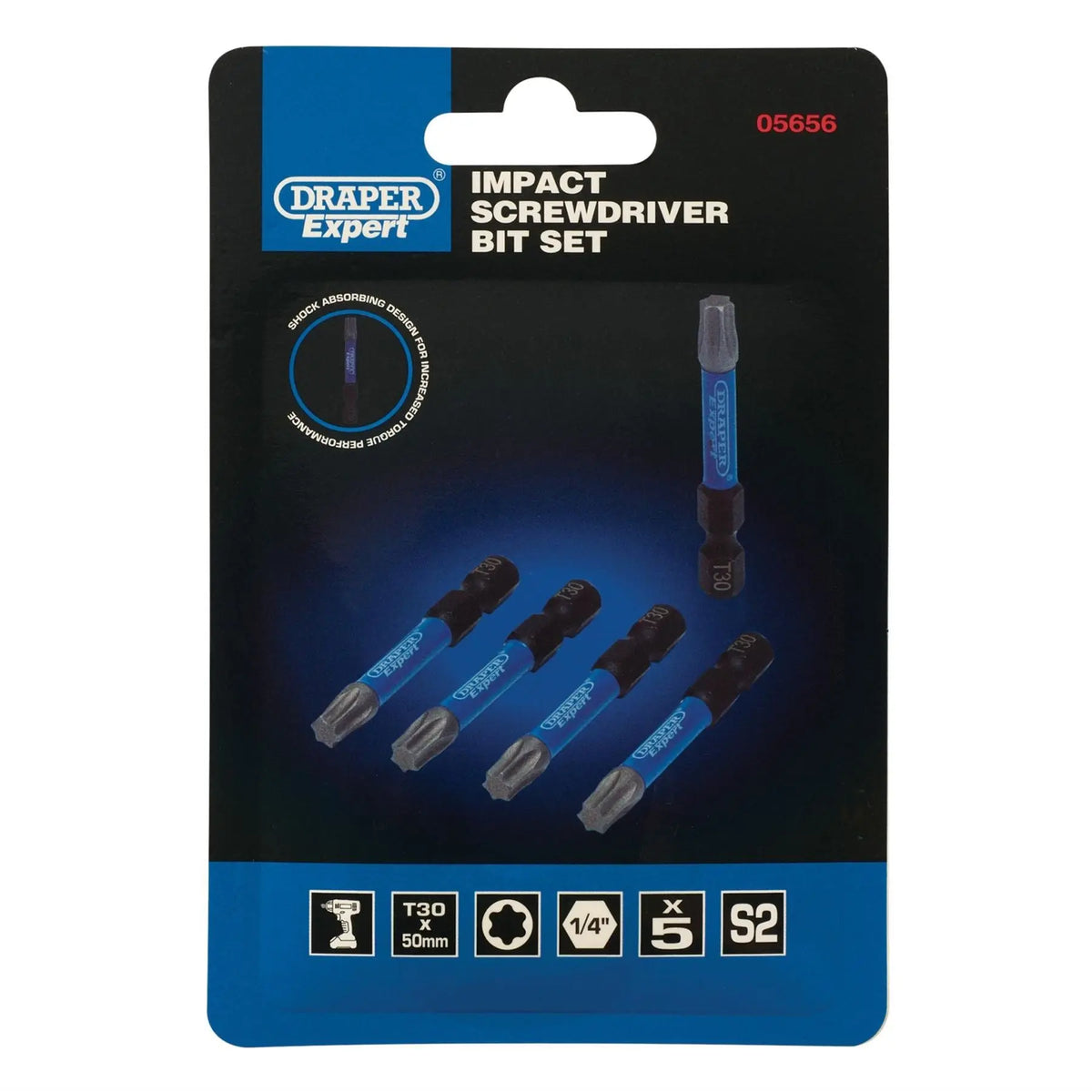 Draper Expert TX-STAR® Impact Screwdriver Bits T30 x 50mm 1/4" Hex (Pack of 5) 05656  White Rose Tools