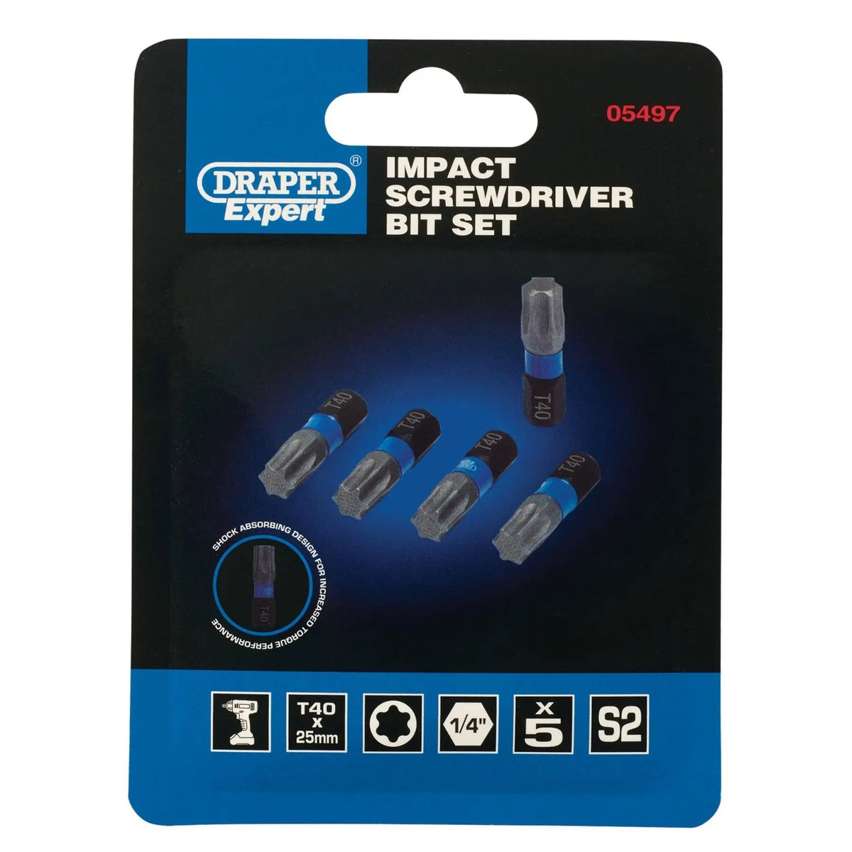 Draper Expert TX-STAR® Impact Screwdriver Bits T40 x 25mm 1/4" Hex (Pack of 5) 05497  White Rose Tools