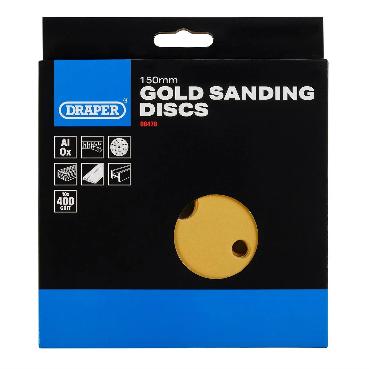 Draper Gold Sanding Discs with Hook & Loop 150mm 400 Grit 15 Dust Extraction Holes (Pack of 10) 08478  White Rose Tools