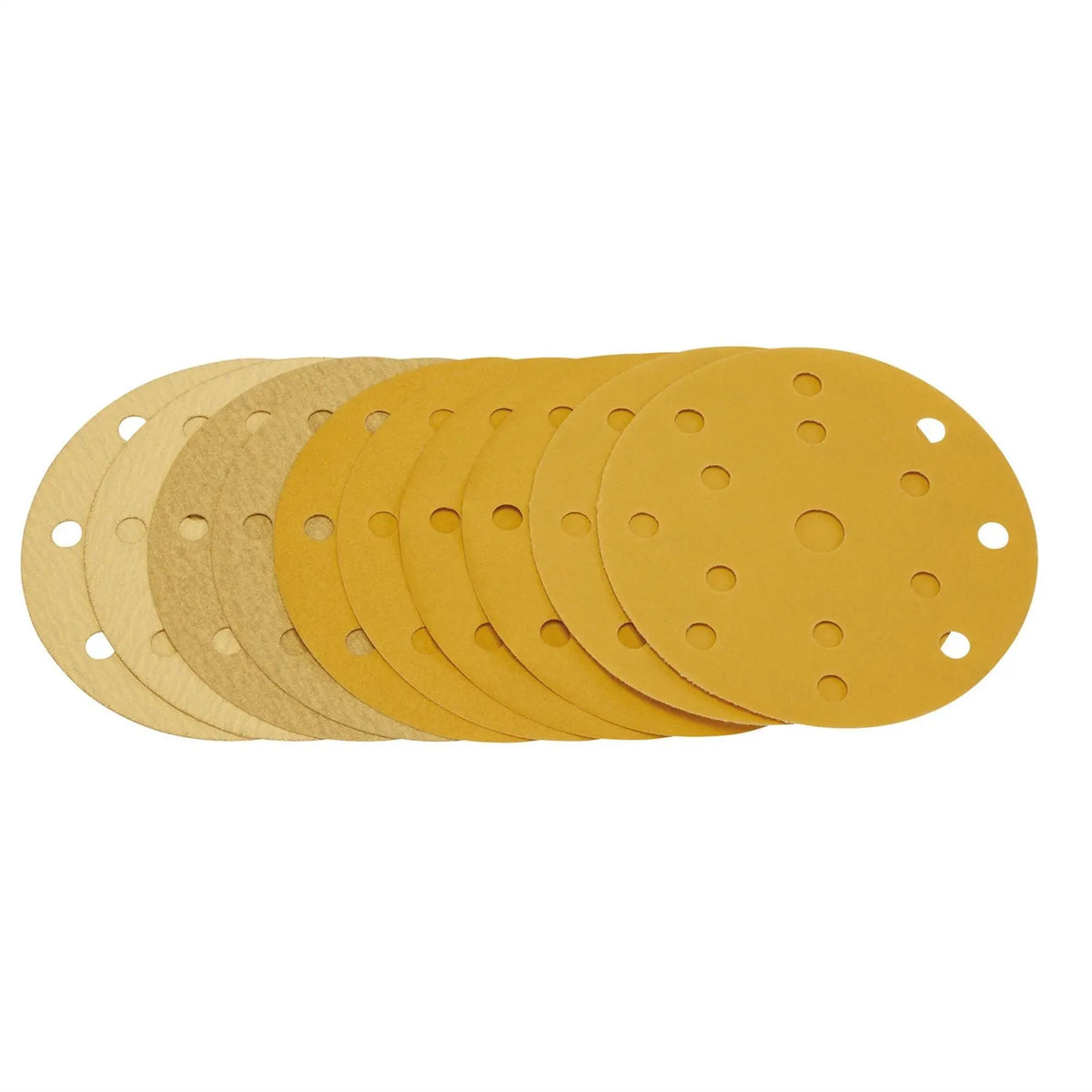 Draper Gold Sanding Discs with Hook & Loop 150mm Assorted Grit - 120G 180G 240G 320G 400G 15 Dust Extraction Holes (Pack of 10) 08480  White Rose Tools